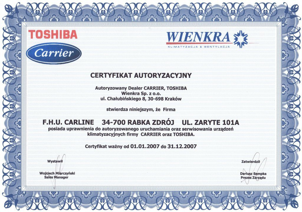 Certyfikat autoryzacyjny Carrier i Toshiba 2007