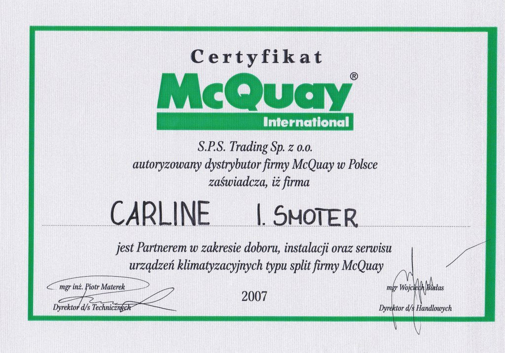 Certyfikat McQuay International 2007