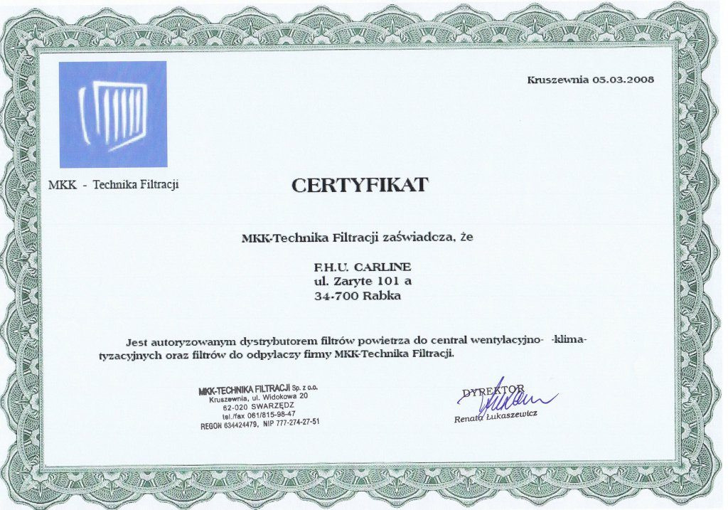 Certyfikat MKK - Technika Filtracji 2008