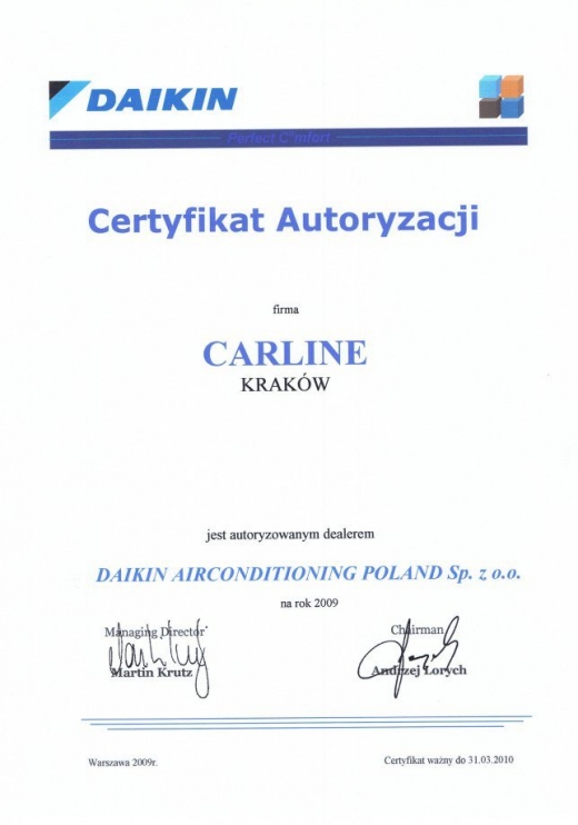 Certyfikat Autoryzacji Daikin