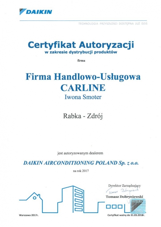 Certyfikat Autoryzacji w zakresie dystrybucji produktów Daikin
