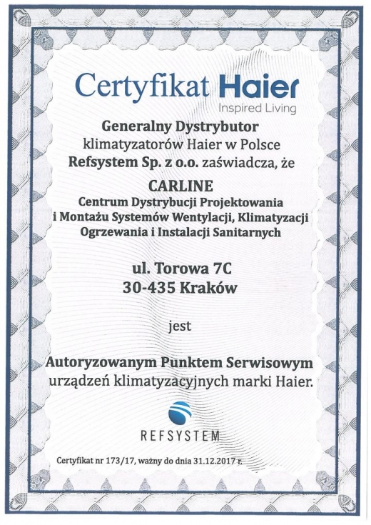 Certyfikat Haier - Autoryzowany punkt serwisowy