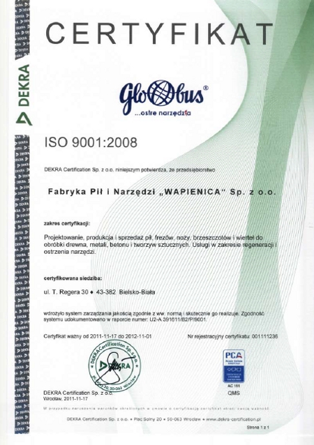 Certyfikat ISO 9001:2008 (2011), Wapienica, Globus