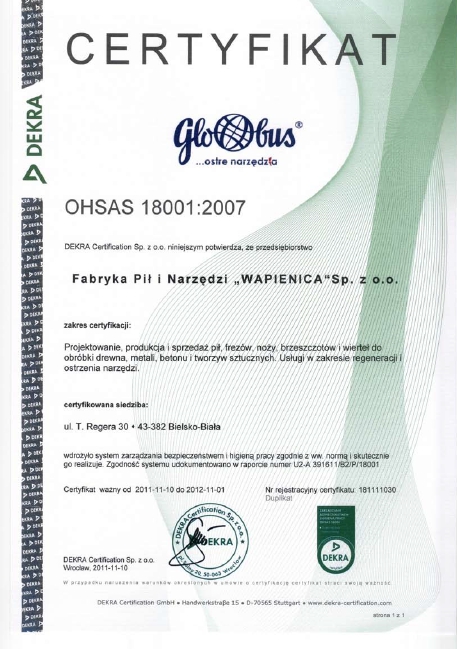 Certyfikat OHSAS 18001 (PN-N 18001) - (2011), Wapienica, Globus