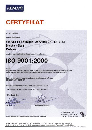 Certyfikat ISO 9001:2000 (2003), Wapienica, Globus
