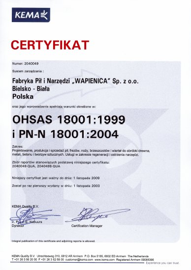 Certyfikat OHSAS 18001 (PN-N 18001) - (2003), Wapienica, Globus