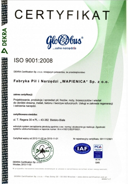 Certyfikat ISO 9001:2008 firmy Wapienica