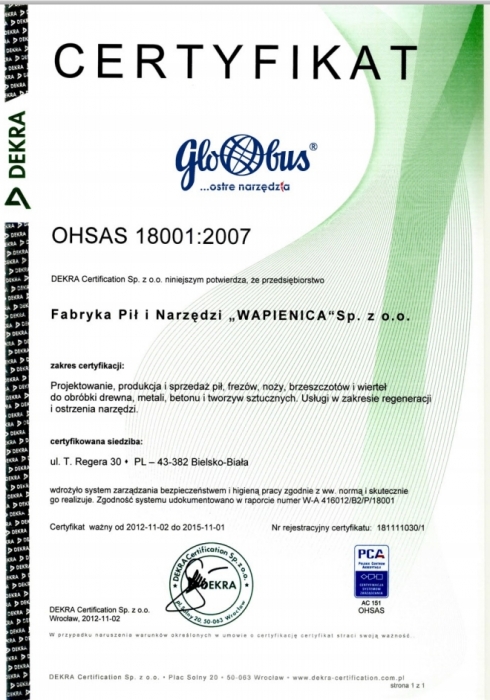 Certyfikat OHSAS 18001:2007 dla firmy Wapienica