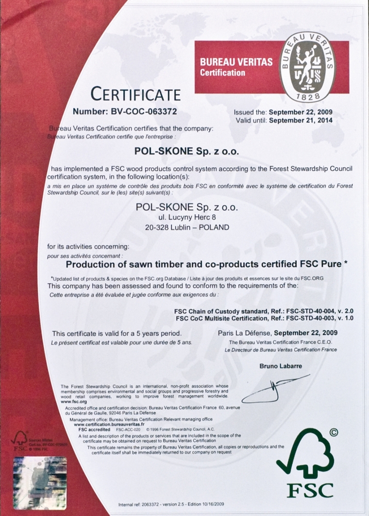 Certyfikat FSC POL-SKONE