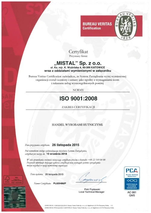 Certyfikat ISO 9001:2008 (2015)