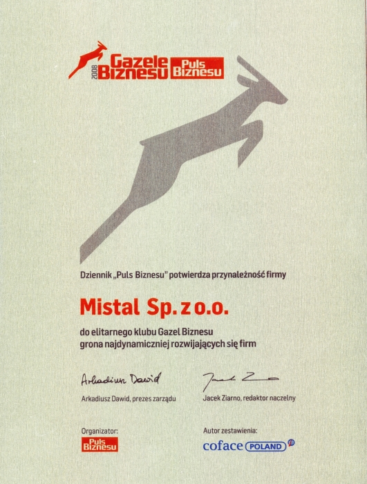 Gazele Biznesu 2008 dla firmy Mistal