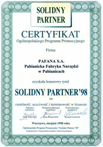 ''Solidny Partner'' 1998 dla Pabianickiej Fabryki Narzędzi Pafana