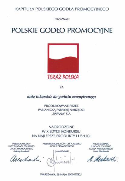 Polskie Godło Promocyjme TERAZ POLSKA 2000 dla Pabianickiej Fabryki Narzędzi Pafana