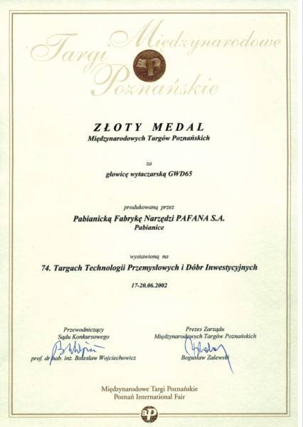 ZŁOTY MEDAL Międzynarodowych Targów Poznańskich 2002 dla Pabianickiej Fabryki Narzędzi Pafana