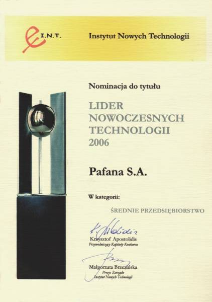 Instytut Nowych Technologii – nominacja 2006 dla Pabianickiej Fabryki Narzędzi Pafana
