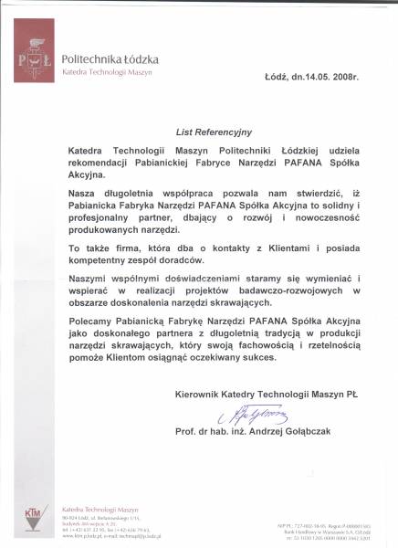 POLITECHNIKA ŁÓDZKA KATEDRA TECHNOLOGII MASZYN dla Pabianickiej Fabryki Narzędzi Pafana