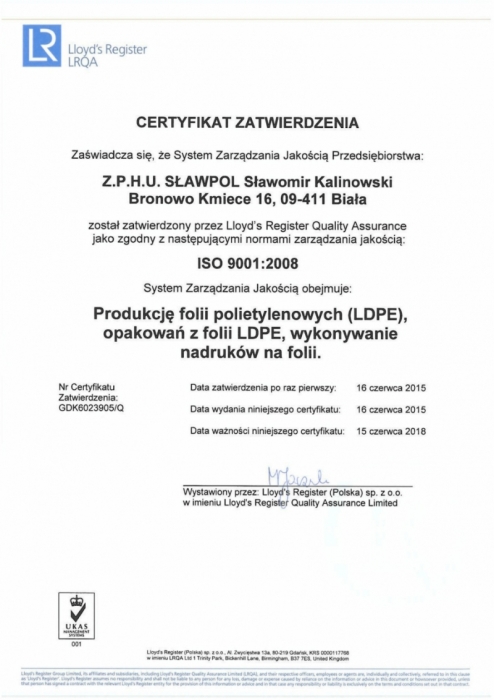 Certyfikat Zatwierdzenia SŁAWPOL ISO 9001:2008