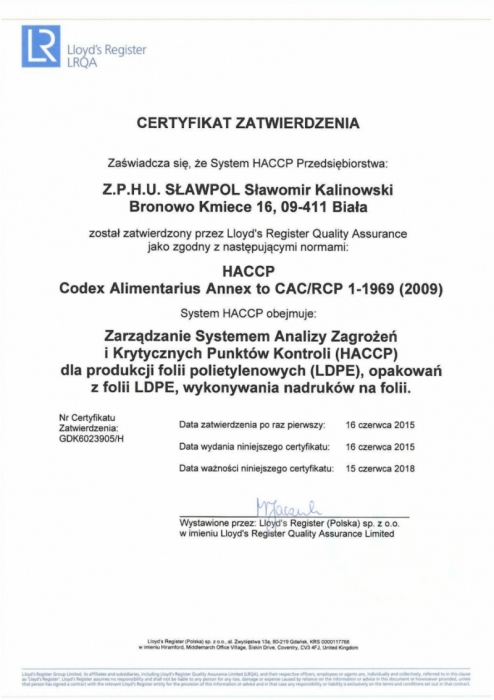 Certyfikat Zatwierdzenia SŁAWPOL HACCP