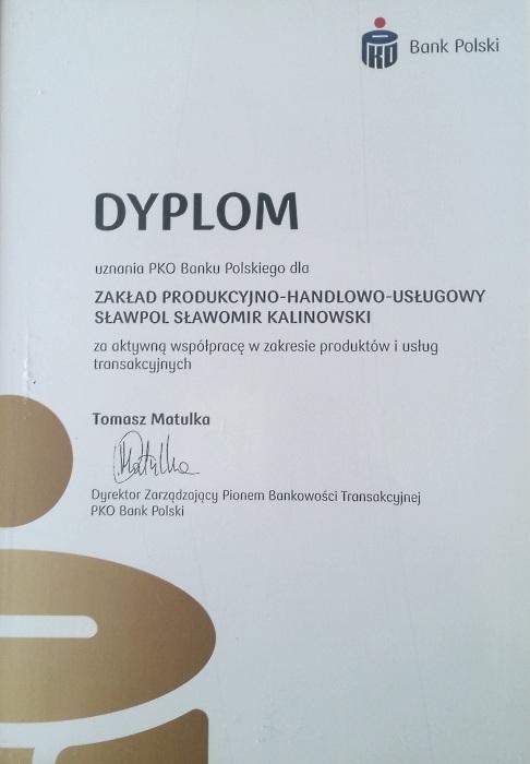 Dyplom uznania PKO Banku Polskiego dla firmy Sławpol