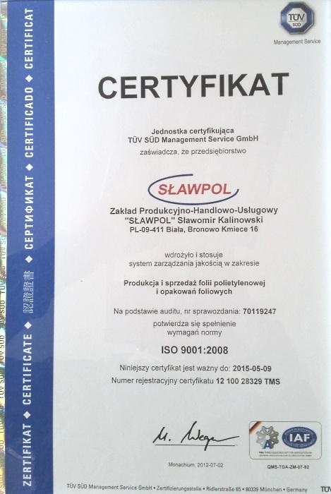 Certyfikat ISO 9001:2008 firmy Sławpol