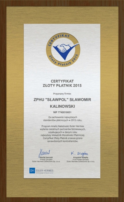 Certyfikat Złoty Płatnik 2015 SŁAWPOL
