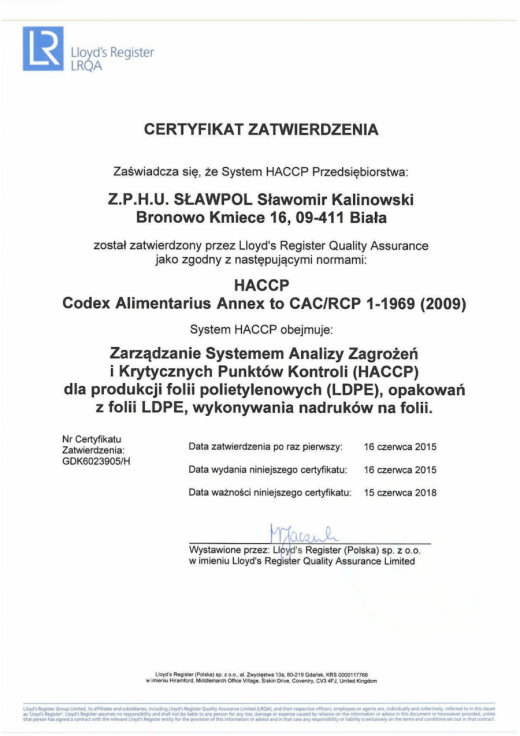 Certyfikat HACCP