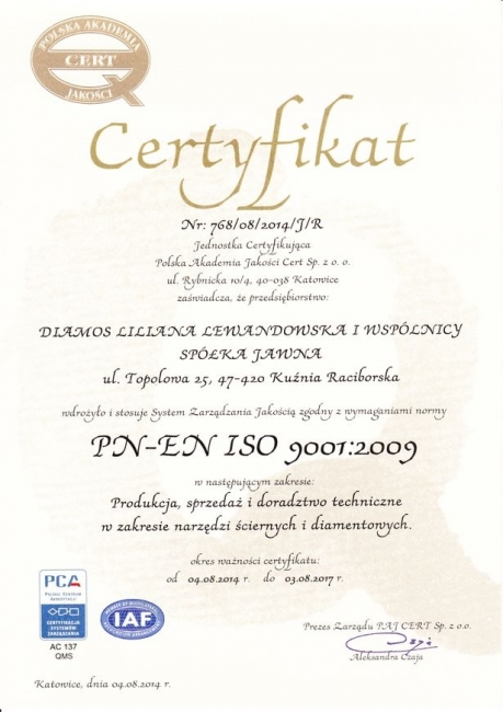 Certyfikat ISO 9001:2009 firmy Diamos
