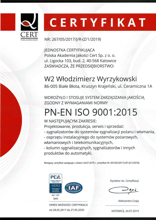 Certyfikat PN-EN ISO 9001:2015