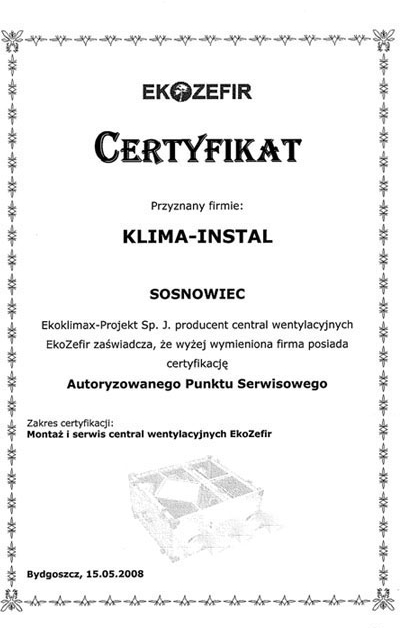 Certyfikat Autoryzowanego Punktu Serwisowego central wentyalcyjnych EkoZefir, Klimainstal