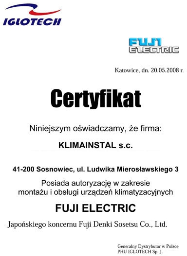 Certyfikat Autoryzacyjny FUJI ELECTRIC, Klimainstal