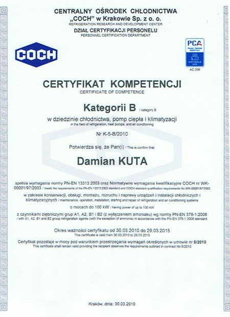 Certyfikat Kompetencji COCH, Klimainstal