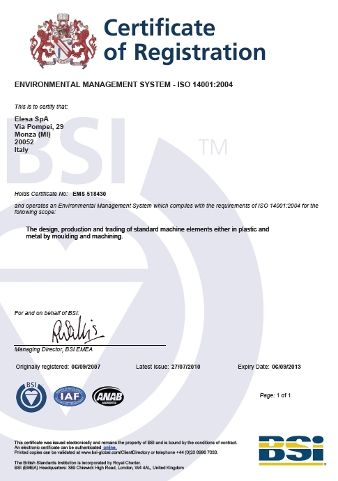 Certyfikat ISO 14001:2004 dla firmy Elesa+Ganter