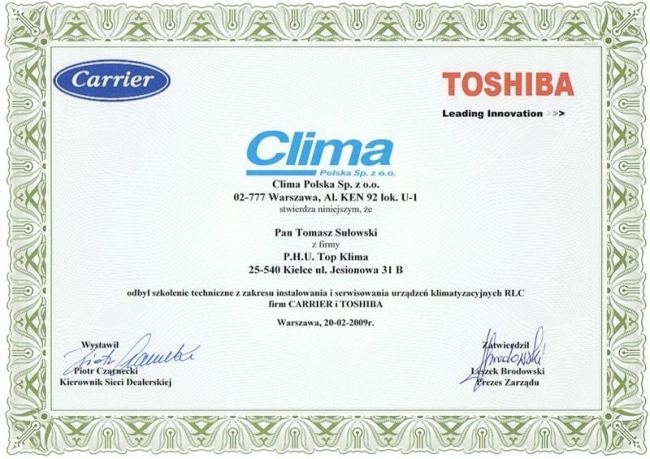 Szkolenie techniczne z zakresu instalowania i serwisowania urządzeń klimatyzacyjnych RLC firm  CARRER i TOSHIBA Top Klima