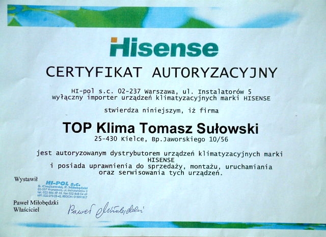 Certyfikat Autoryzacyjny Hisense Top Klima