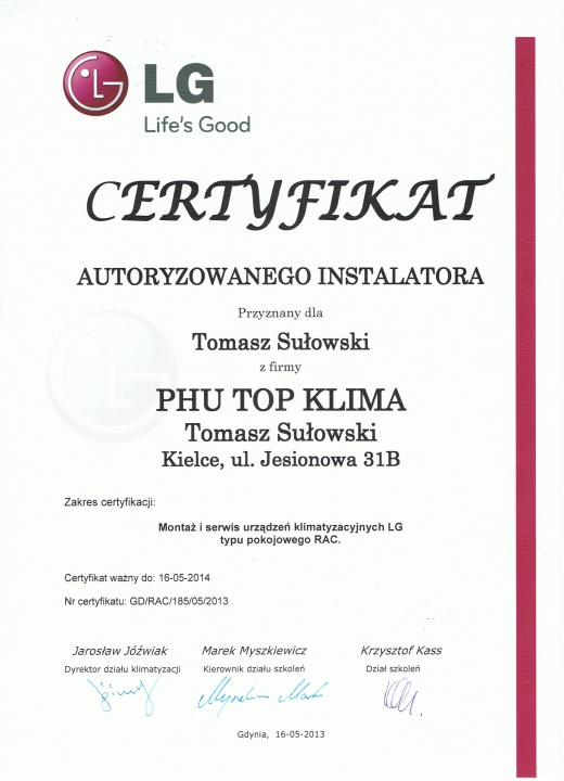 Certyfikat  Autoryzowanego Instalatora LG