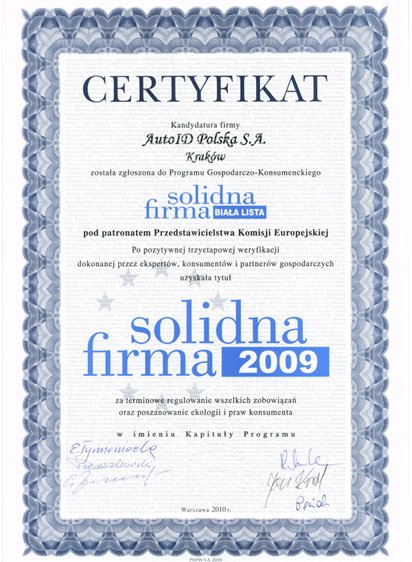 Certyfikat Solidna Firma 2008, AutoID