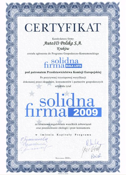 Certyfikat Solidna Firma 2009, AutoID