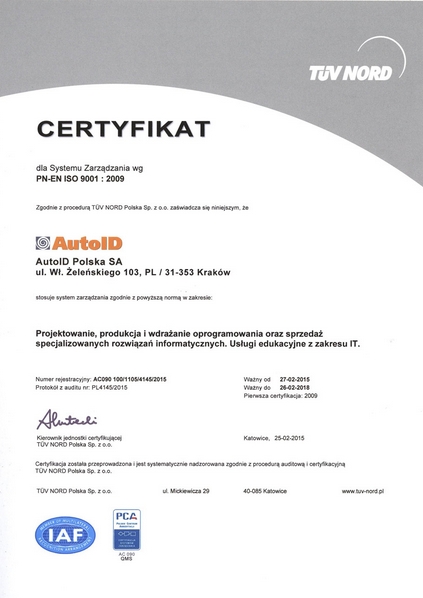 Certyfikat ISO 9001:2008 dla firmy AutoID