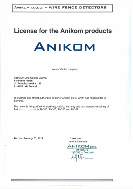 Certyfikat ANIKOM ATLine