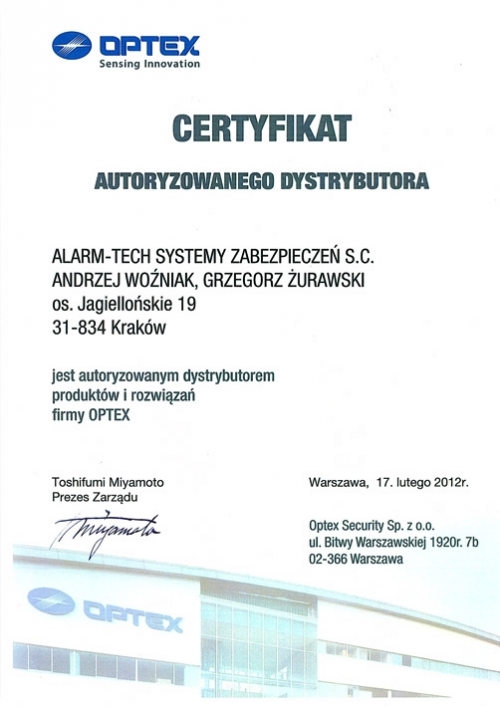 Certyfikat Autoryzowanego Dystrybutora Optex	