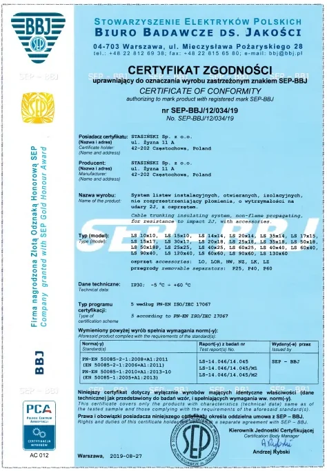 Certyfikat Zgodności - Listwy elektroinstalacyjne