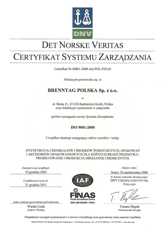Certyfikat ISO 9001:2000 dla Brenntag