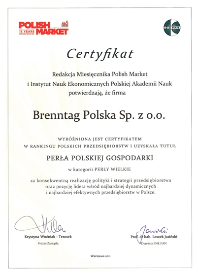 Certyfikat Perła Polskiej Gospodarki dla Brenntag