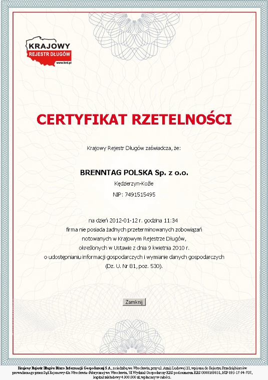 Certyfikat Rzetelności dla Brenntag