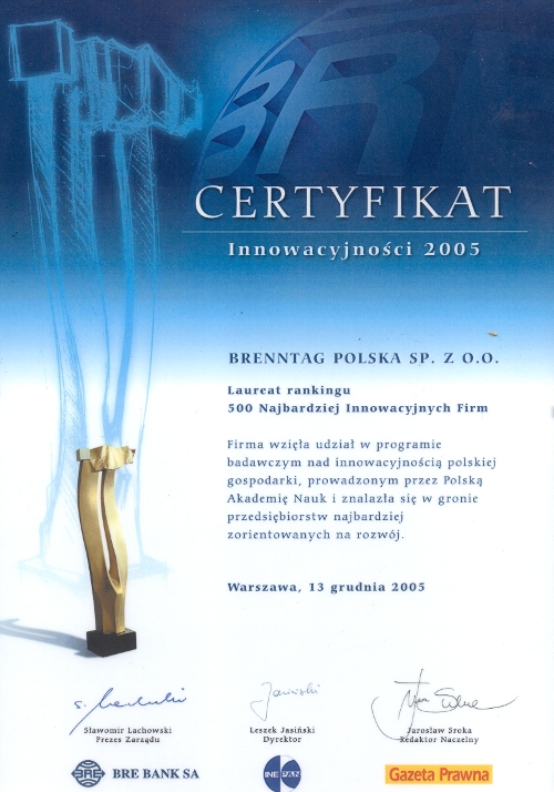 Certyfikat Innowacyjności (2005) dla firmy Brenntag