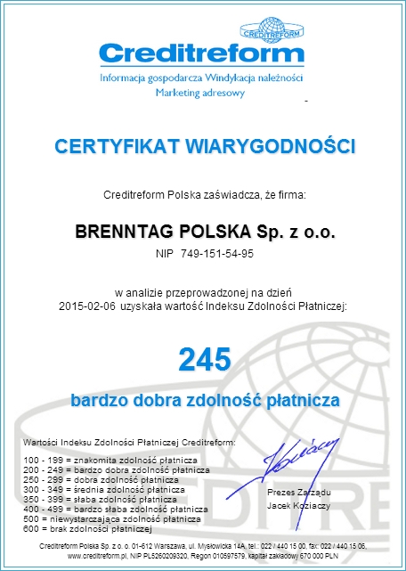 Certyfikat Wiarygodości (2014) dla firmy Brenntag