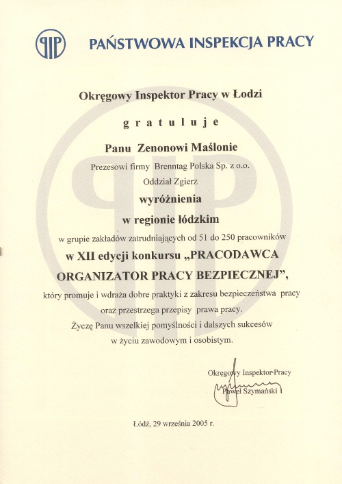 Pracodawca - Organizator Pracy Bezpiecznej - wyróżnienie (2005) dla firmy Brenntag