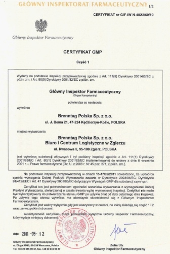 Certyfikat GMP (2011) dla firmy Brenntag