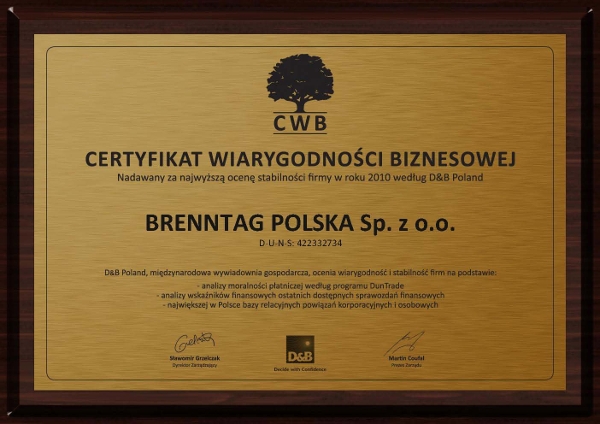 Certyfikat Wiarygodności Biznesowej (2010) dla firmy Brenntag