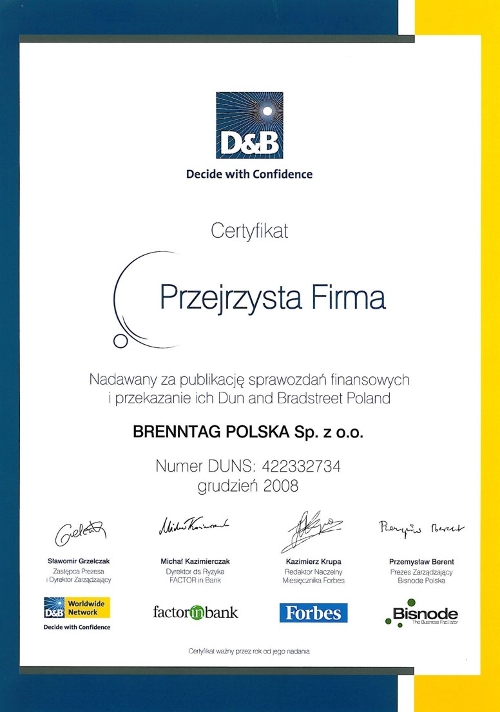 Certyfikat "Przejrzysta Firma" (2008) dla firmy Brenntag